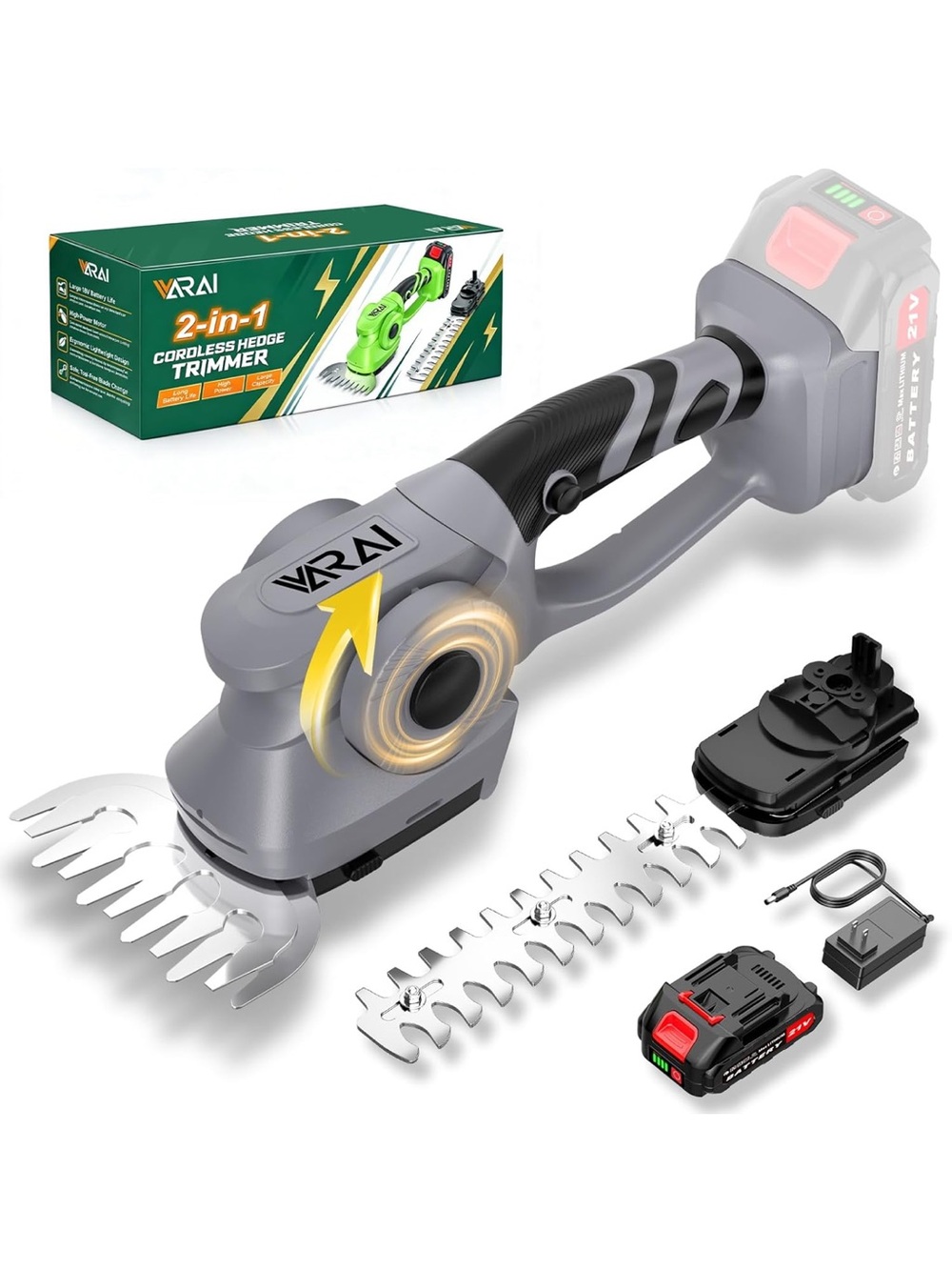 2-in-1 600W Cordless Hedge Trimmer 21V battery operated tripper (grey)